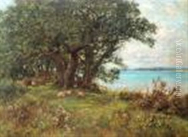 A Coastal Landscape With Sheep Grazing Oil Painting by Henry John Yeend King