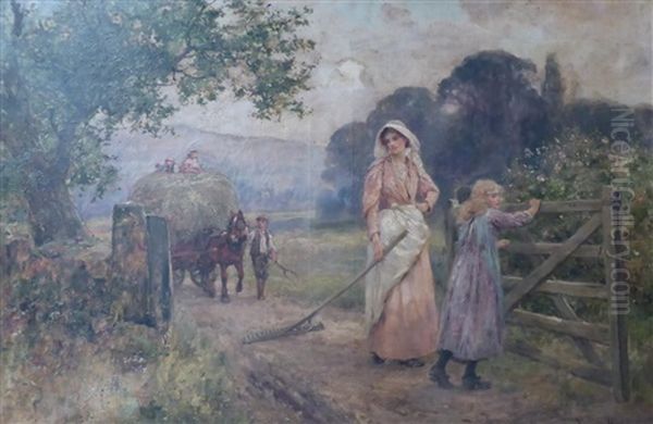 Mother And Daughter At An Open Gateway With A Hay Cart Following Oil Painting by Henry John Yeend King