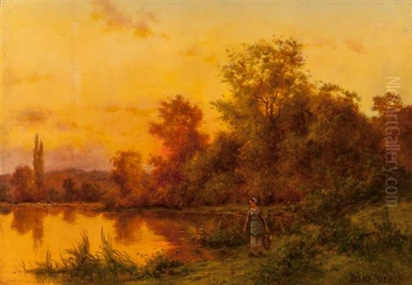 Young Girl Walking By A Lake Oil Painting by Henry John Yeend King