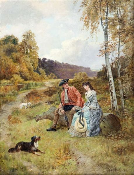 A Huntsman And Lady In A Landscape Oil Painting by Henry John Yeend King