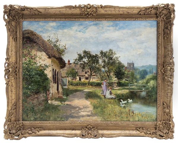 English Village With Streams And Girls Feeding Ducks. by Henry John Yeend King