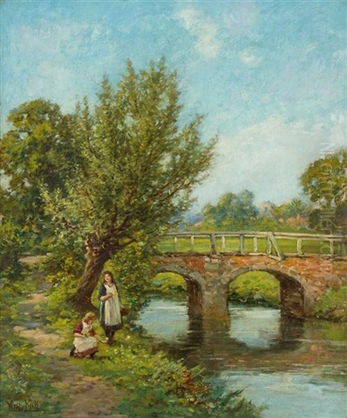 Fruhlingslandschaft Mit Steinerner Brucke Uber Bachlauf Und Blumen Pfluckenden Madchen Am Weg Oil Painting by Henry John Yeend King