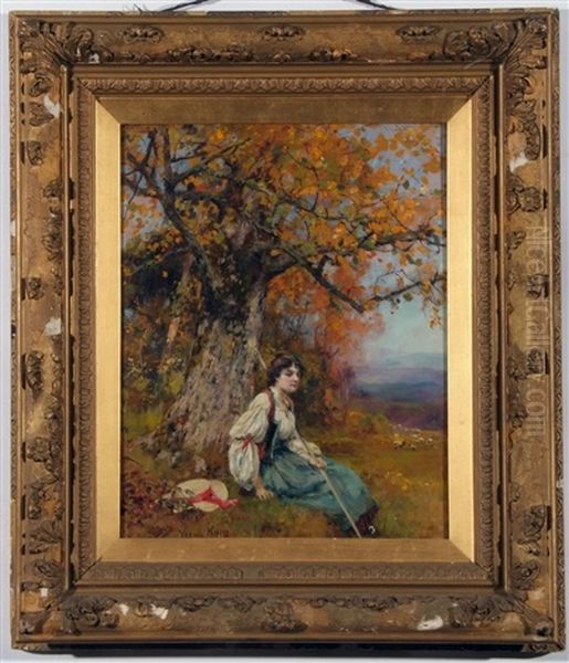 Young Shepherdess Seated Beneath A Tree Oil Painting by Henry John Yeend King