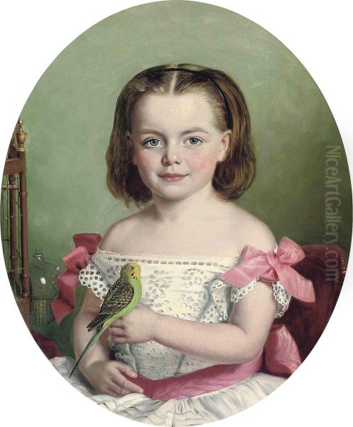 Portrait Of Mary Ann Maitland-wilson Of Greystone Towers, Threequarter Length, In A White Dress With Red Ribbons, Holding Herbudgerigar Oil Painting by Charles Baxter