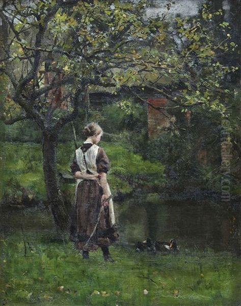 Young Girl By The Mill Pond Oil Painting by Henry John Yeend King