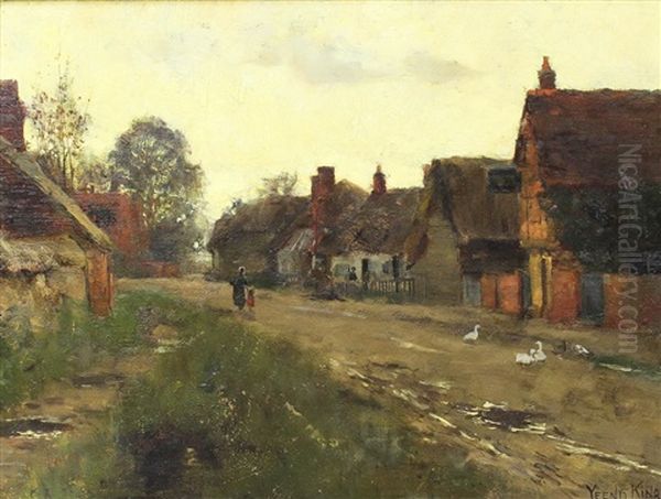 Village Street Scene With Mother And Child And Geese To Fireground Oil Painting by Henry John Yeend King