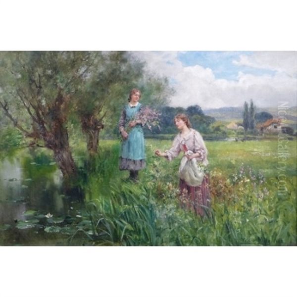 Two Young Ladies Picking Wild Flowers By A River, A Cottage In The Distance Oil Painting by Henry John Yeend King