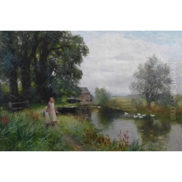 Two Girls Walking Beside A Tree Lined River, Ducks On The Water And A Water Mill In The Distance Oil Painting by Henry John Yeend King