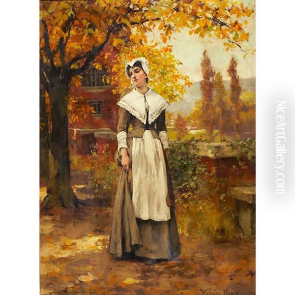 Lady In An Autumn Garden Oil Painting by Henry John Yeend King