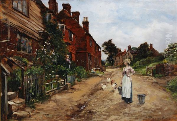 Village Lane With Young Maid Feeding Chickens Oil Painting by Henry John Yeend King