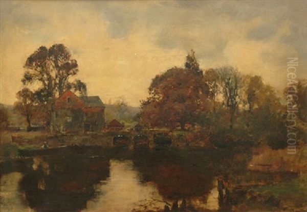 Stone Farmhouse And Bridge In Landscape Oil Painting by Henry John Yeend King