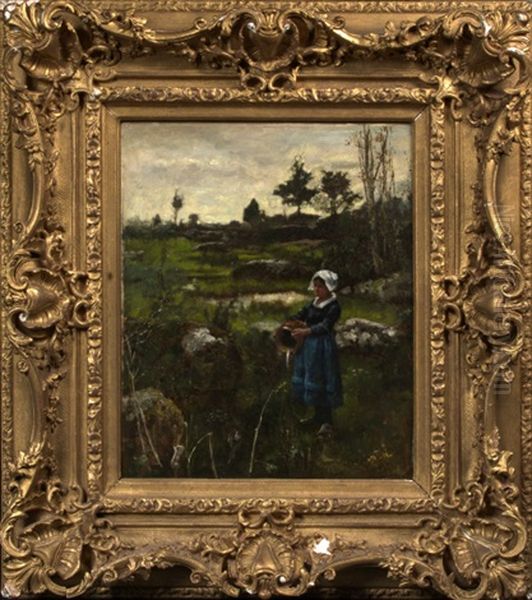 Peasant Girl With Water Vessel, Landscape Beyond Oil Painting by Henry John Yeend King