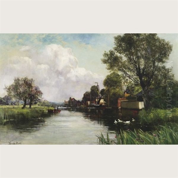 Tranquil River Scene With Sunlit Village Houses Oil Painting by Henry John Yeend King