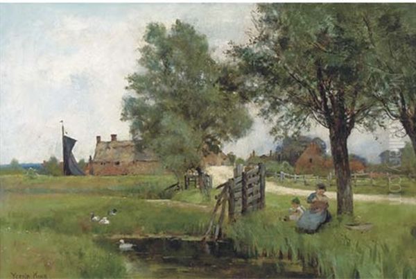 A Mother Feeding Her Child By A Pond Oil Painting by Henry John Yeend King