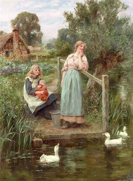 At The Duck Pond Oil Painting by Henry John Yeend King