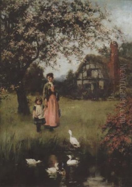 View Of A Timbered Thatched Cottage With A Mother And Young Girl Under A Blossom Tree Oil Painting by Henry John Yeend King