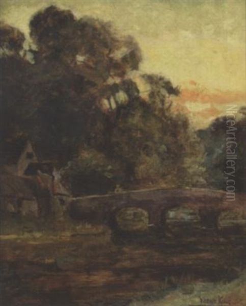 River Landscape With Figure On A Bridge At Dusk Oil Painting by Henry John Yeend King