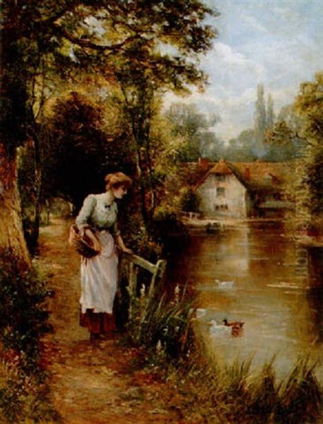 Flicka Vid Ankdamm Oil Painting by Henry John Yeend King