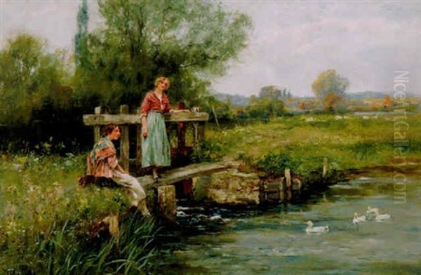 Sommarlandskap Med Kvinnor Vid Bro Oil Painting by Henry John Yeend King