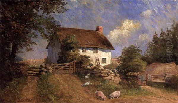 Pigs And Geese In Front Of A Thatched Cottage Oil Painting by Henry John Yeend King