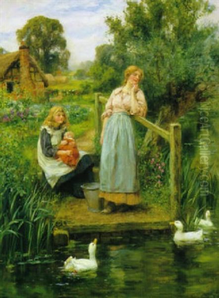 At The Duck Pond Oil Painting by Henry John Yeend King