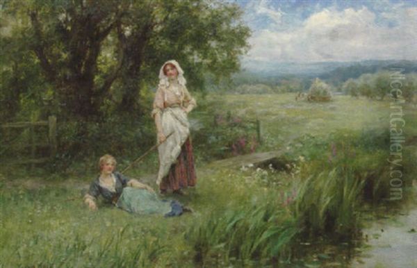 Flickor Vid Vattendrag Oil Painting by Henry John Yeend King