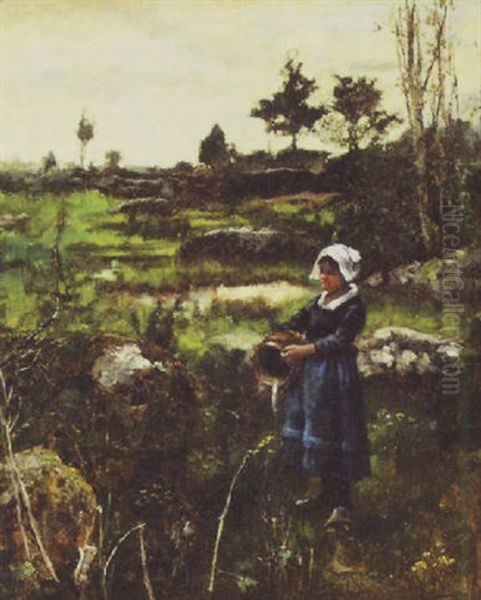 Peasant Girl With Water Vessel In Field Oil Painting by Henry John Yeend King