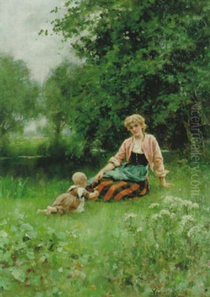 Sommarlandskap Med Ung Kvinna Och Barn Oil Painting by Henry John Yeend King