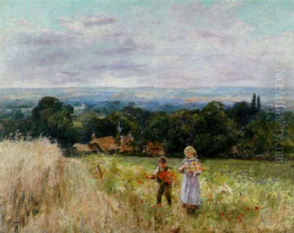 Children Picking Wildflowers In A Field With An Extensive Landscape Beyond Oil Painting by Henry John Yeend King