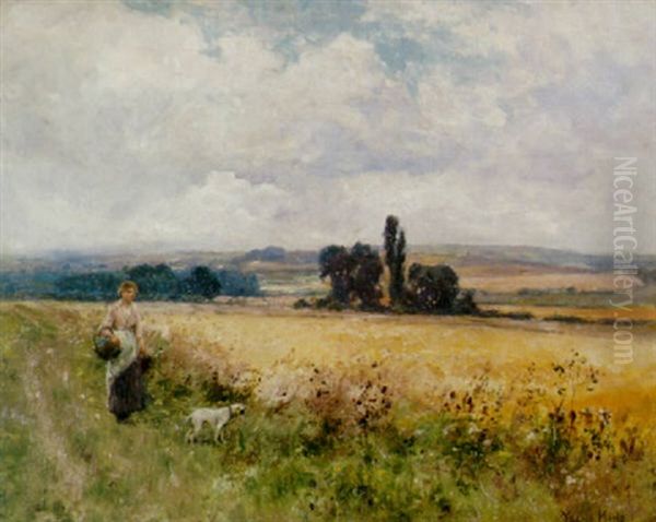 An Extensive Landscape With A Woman And Her Terrier On A Path In The Foreground Oil Painting by Henry John Yeend King