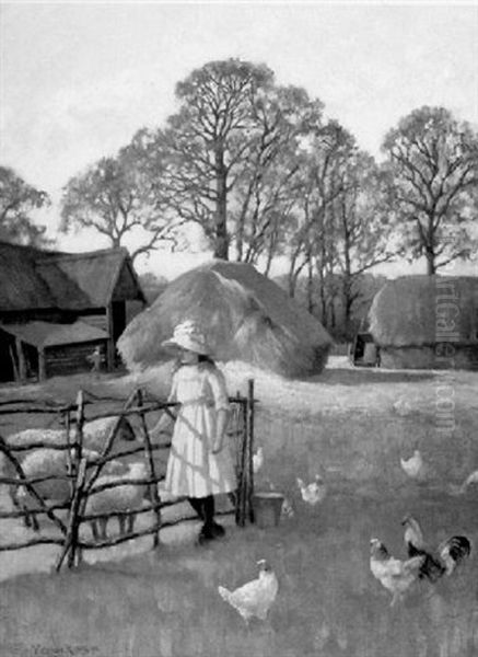 Girl Feeding Sheep In A Barn Yard Oil Painting by Henry John Yeend King