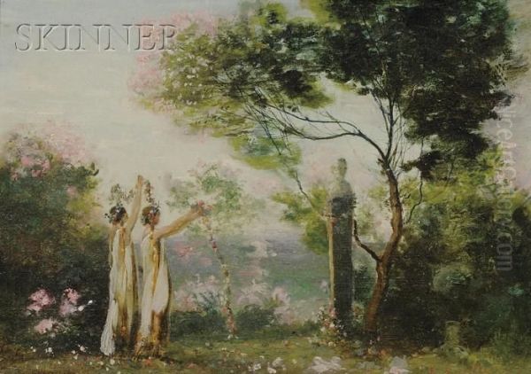 Springtime/bacchantes With Floral Garlands Andherm Oil Painting by Elijah Baxter