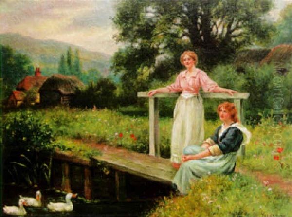 Blommande Sommarlandskap Med Flickor Vid A Med Ankor Oil Painting by Henry John Yeend King