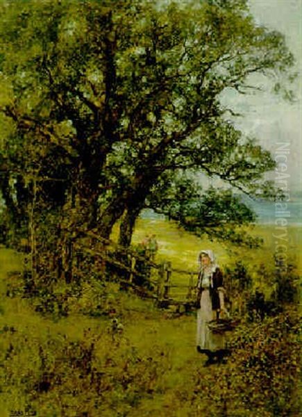 Girls Gathering Blackberries In A Wooded Landscape Oil Painting by Henry John Yeend King