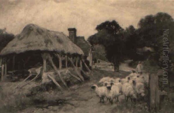 A Shepherd And Sheep Before A Barn Oil Painting by Henry John Yeend King