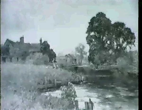 Figures By A Farmhouse In A River Landscape by Henry John Yeend King