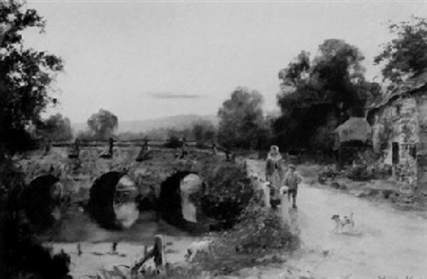 Ancient Cottage And Bridge With Figures On A Roadway Oil Painting by Henry John Yeend King