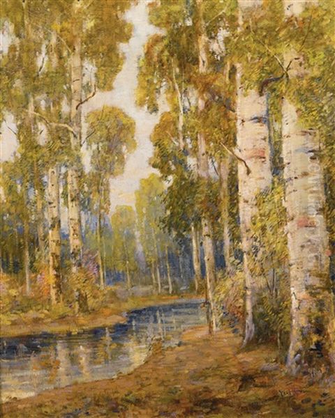 Birches By A Woodland Stream Oil Painting by Paul Bernard King