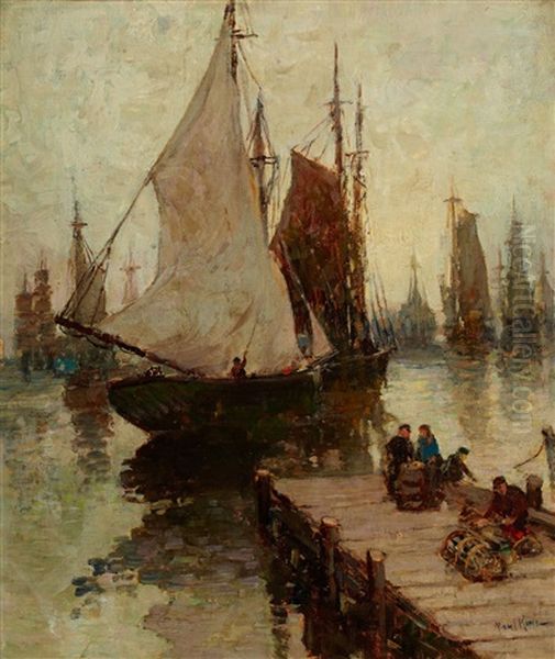 Sailing Ships In The Harbor Oil Painting by Paul Bernard King