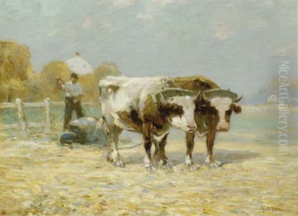 Figure Harvesting With Yoked Oxen Oil Painting by Paul Bernard King