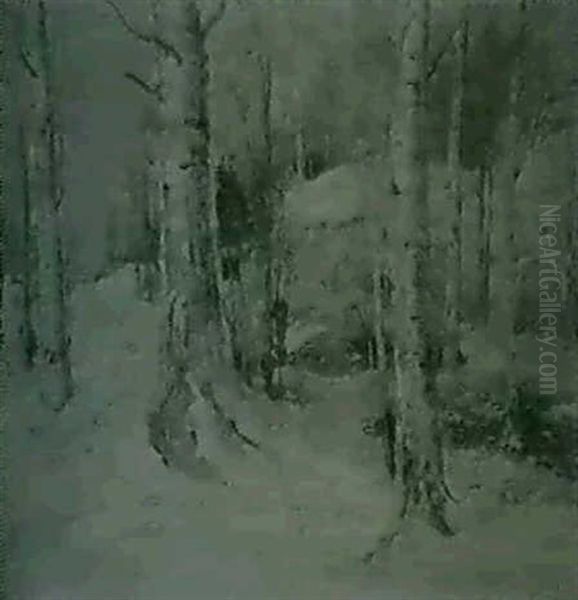 A Wooded Winter Landscape Oil Painting by Paul Bernard King