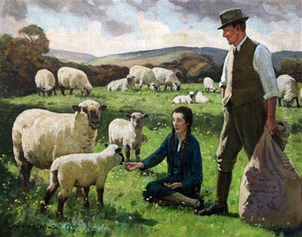 Farmer And Daughter Feeding Lambs Oil Painting by William Gunning King