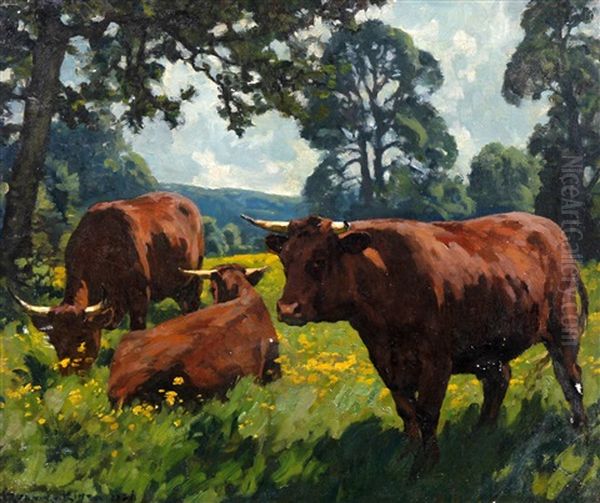 Beef Cattle Grazing In A Meadow (+ A Dairy Herd Watering By A Stream, 1937; 2 Works) Oil Painting by William Gunning King