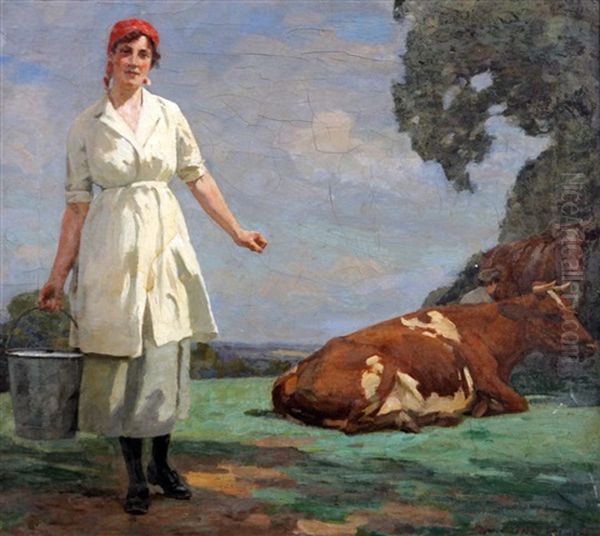 Feeding The Sheep (+ Fetching The Milk; 2 Works) Oil Painting by William Gunning King