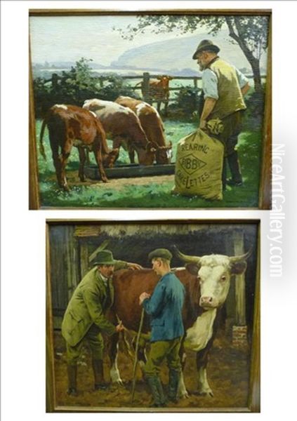 Feeding The Calves; The Vet Oil Painting by William Gunning King