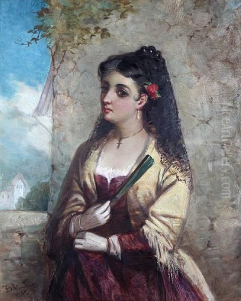 A Spanish Lady, Wearing A Black Lace Veil And Holding A Fan Oil Painting by Frederick Gerald Kinnaird