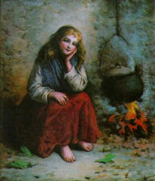 Portrait Of A Girl, Seated, Barefoot, By The Fireside Oil Painting by Frederick Gerald Kinnaird