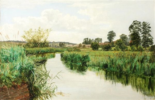 River Landscape With Buildings In The Background Oil Painting by Henry John Kinnaird