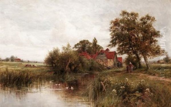 A Cornfield, View Near Bramley, Sussex  (+ Maple Durham Mill Near The Thames; Pair) Oil Painting by Henry John Kinnaird