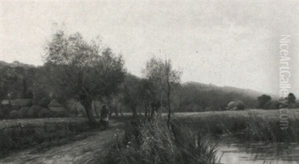 Girl Walking By A River, Haymaking Beyond Oil Painting by Henry John Kinnaird